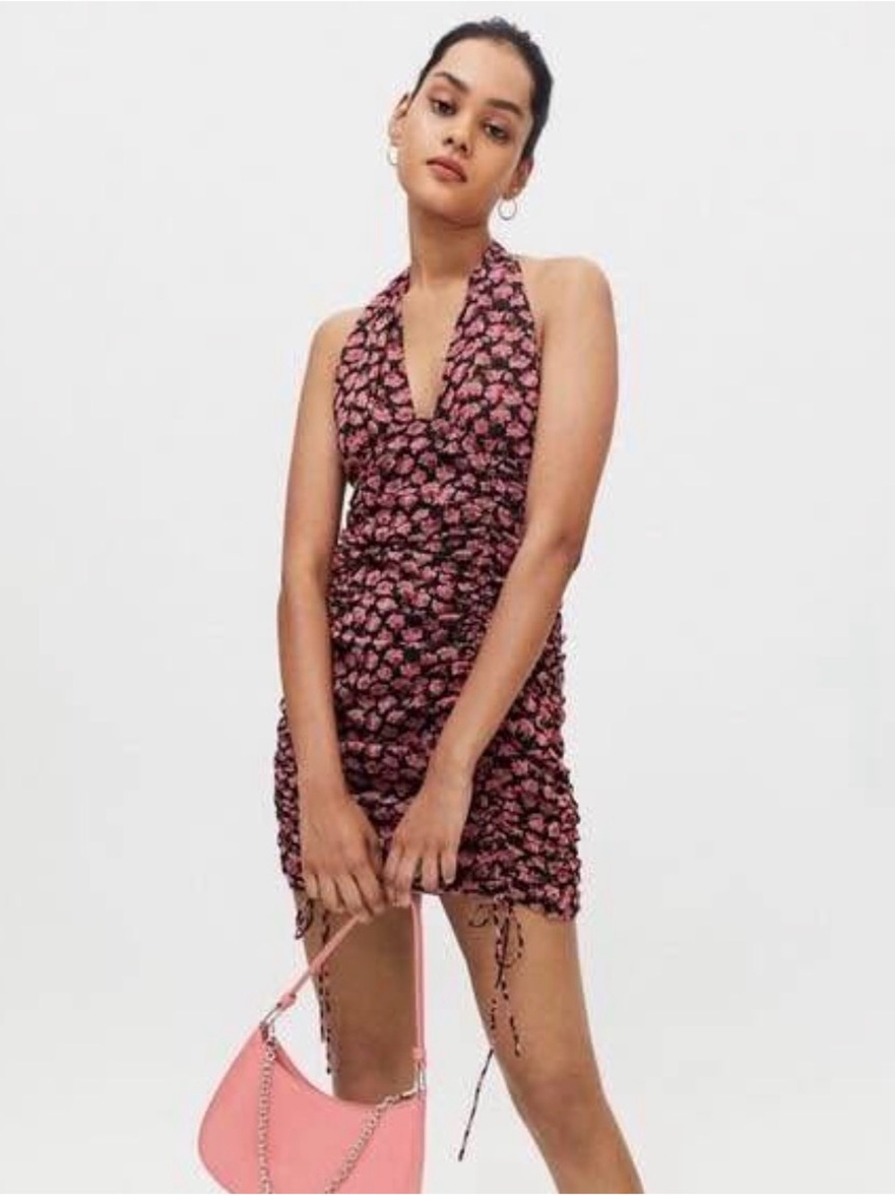 Urban Outfitters Pink Floral Halter Ruched Mini Dress